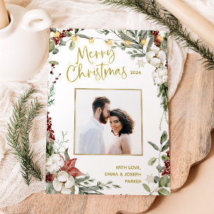 Merry Christmas Winter Floral and Photo and Gold Holiday Card