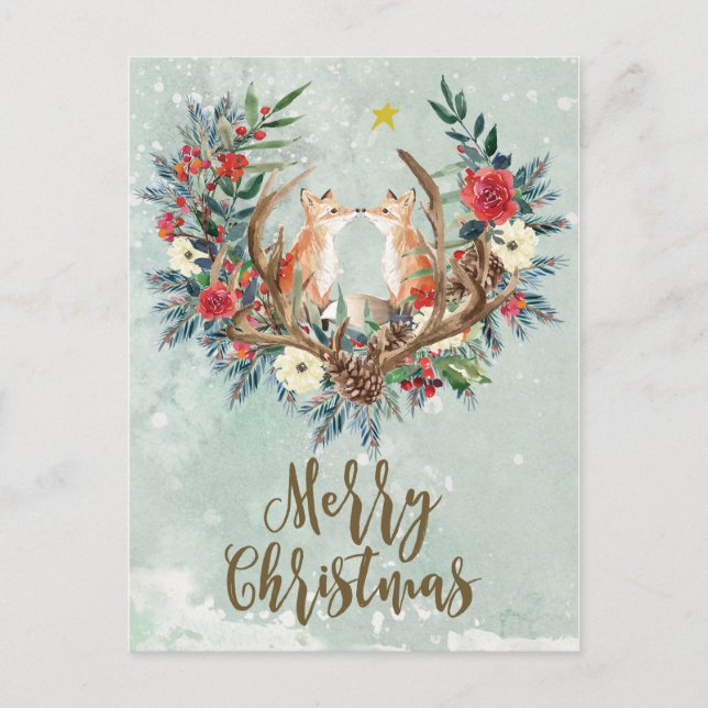 merry christmas winter floral foxes postcard (Front)