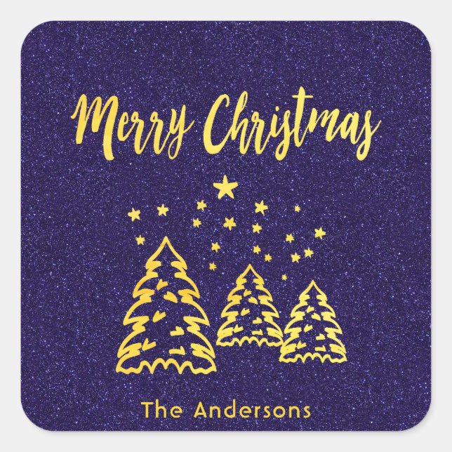 Merry Christmas winter forest blue glitter gold Square Sticker (Front)