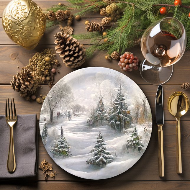 Merry Christmas Winter Forest Landscape  Paper Plate (Beautiful Winter scene Christmas Paper Plates)