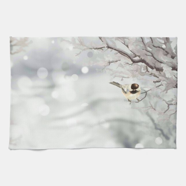 Merry Christmas Winter Frost Bird Traditional Kitchen Towel (Horizontal)