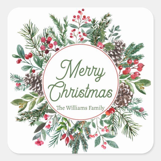 merry christmas winter greenery green script square sticker (Front)