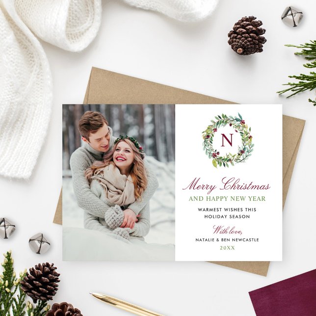 Merry Christmas Winter Greenery Monogram Photo Holiday Card (Creator Uploaded)
