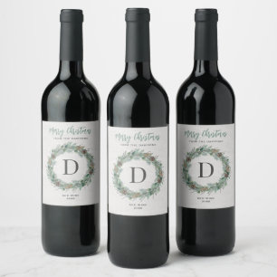 Merry Christmas Winter Greenery Monogram Wreath Wine Label