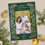 Merry Christmas Winter Greenery Photo Gold Foil Holiday Card<br><div class="desc">This vertical Christmas holiday card showcases an elegant gold foil winter greenery frame appearing on a dark green background.</div>