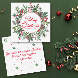 merry christmas winter greenery red script holiday card