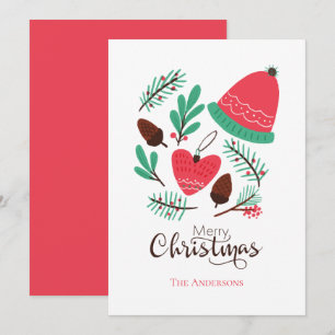 Merry Christmas Winter Hat And Pinecones Holiday Card