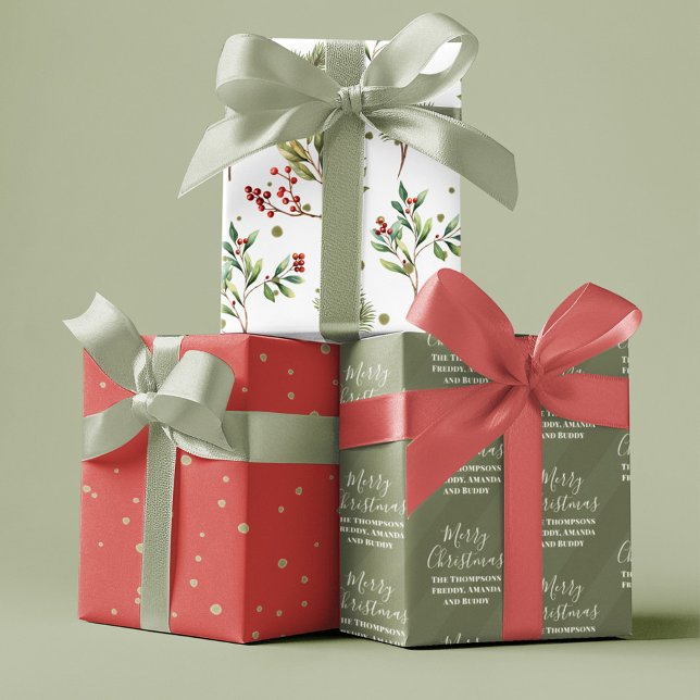 Merry Christmas Winter Holly Greenery Wrapping Paper Sheet (With red holly berries and watercolor greenery. )