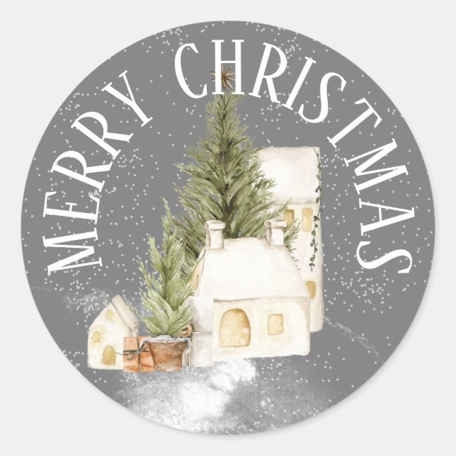 MERRY CHRISTMAS Winter House with Evergreen Classic Round Sticker (Front)