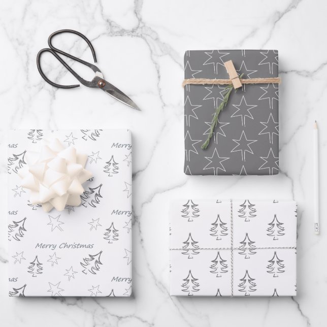 Merry Christmas Winter Pattern Grey Wrapping Paper Sheet (Front)