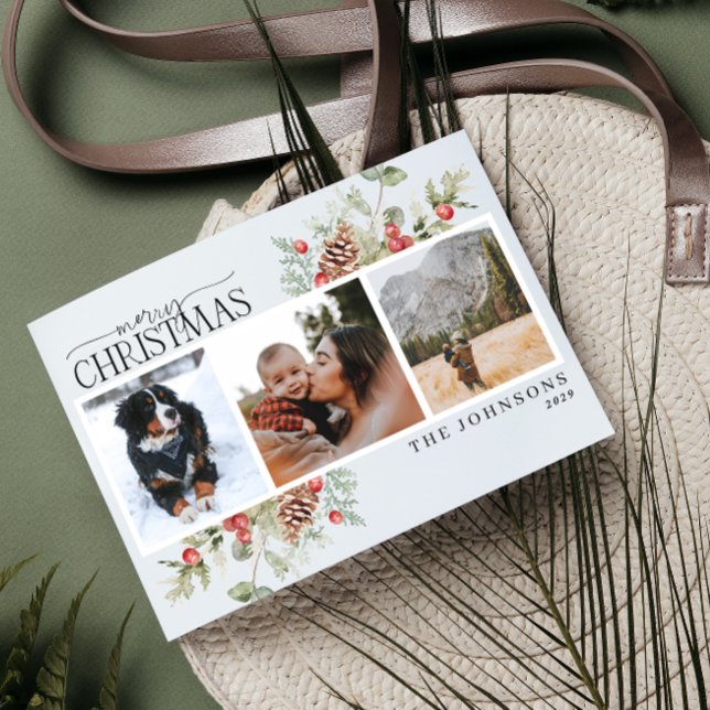 Merry Christmas Winter Pine Berry Botanical Photo  Holiday Postcard (Be sure to send your loved ones a special Christmas post card this year.)