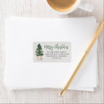 Merry Christmas Winter Pine Tree Return Address Label<br><div class="desc">Elegant "Merry Christmas" holiday card address label design features a rustic chic white wood grain background with a simple watercolor painted winter pine tree in a basket. Personalize the modern green and charcoal grey wording with a custom greeting and your return address text.</div>