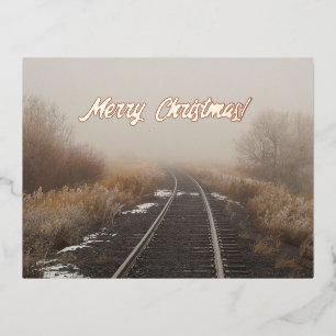 Merry Christmas Winter Railroad Tracks Photo      Foil Holiday Postcard