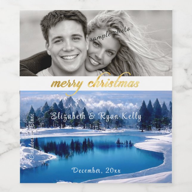Merry Christmas Winter River Landscape    Wine Label (Single Label)