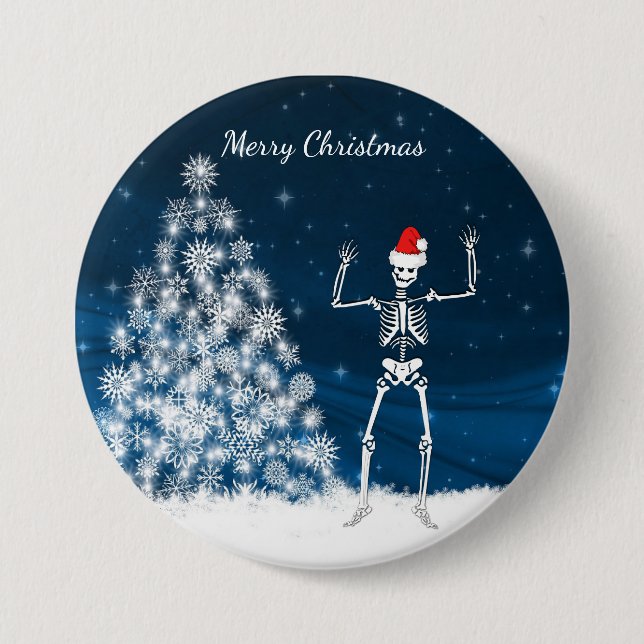 "Merry Christmas" winter scene & skeleton 3 Inch Round Button (Front)
