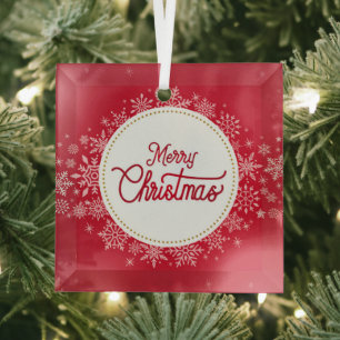 Merry Christmas Winter Snowflakes Red Festive Glass Ornament