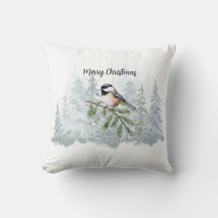 Merry Christmas Winter Spruce Tree Chickadee Throw Pillow