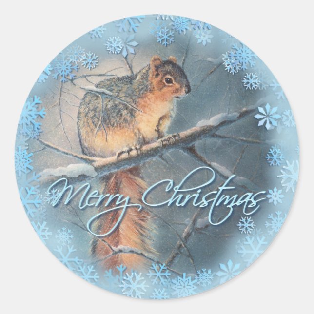 MERRY CHRISTMAS WINTER SQUIRREL by SHARON SHARPE Classic Round Sticker (Front)