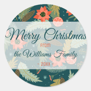 Merry Christmas Winter theme Green Floral Classic Round Sticker
