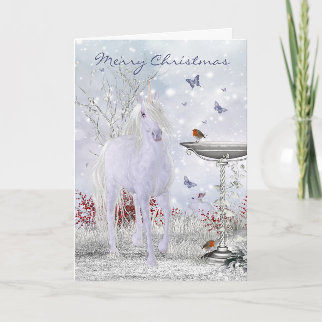 Merry Christmas Winter Unicorn, Robins Holiday Card (Front)