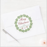 Merry Christmas Winter Wreath Family  Classic Round Sticker<br><div class="desc">Minimalist greenery wreath "Merry Christmas" customizable stickers.</div>