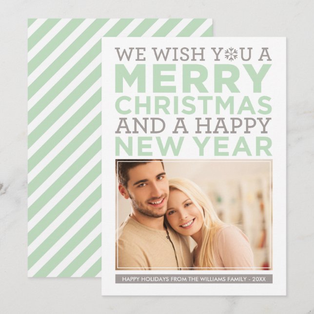 Merry Christmas Wishes Modern Mint Green Photo Holiday Card (Front/Back)