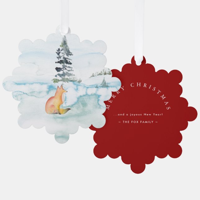Merry Christmas Wishes Watercolor Fox & Tree Ornament Card (Front/Back)