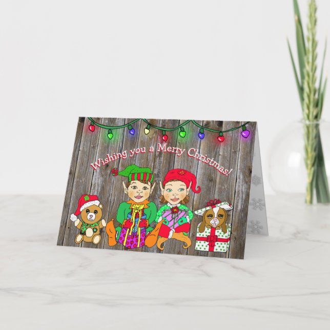 Merry Christmas Wishes Whimsical Elves Card (Front)