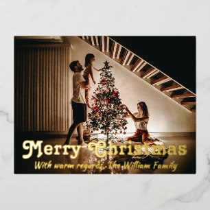 Merry Christmas Wishes with Your Family Photo Foil Holiday Postcard