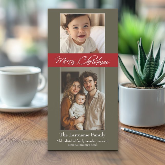 Merry Christmas with 2 photos - vertical Holiday Card (Classic Christmas Photo Card)