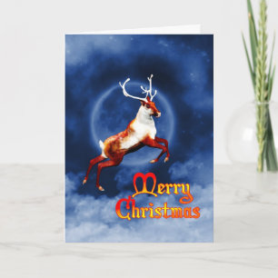 Merry Christmas with a flying reindeer Holiday Card