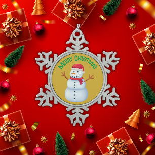 Merry Christmas with a Snowman    Snowflake Pewter Christmas Ornament