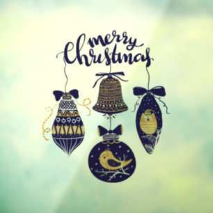 Merry Christmas with Bird, Owl, Balls and Bell Window Cling