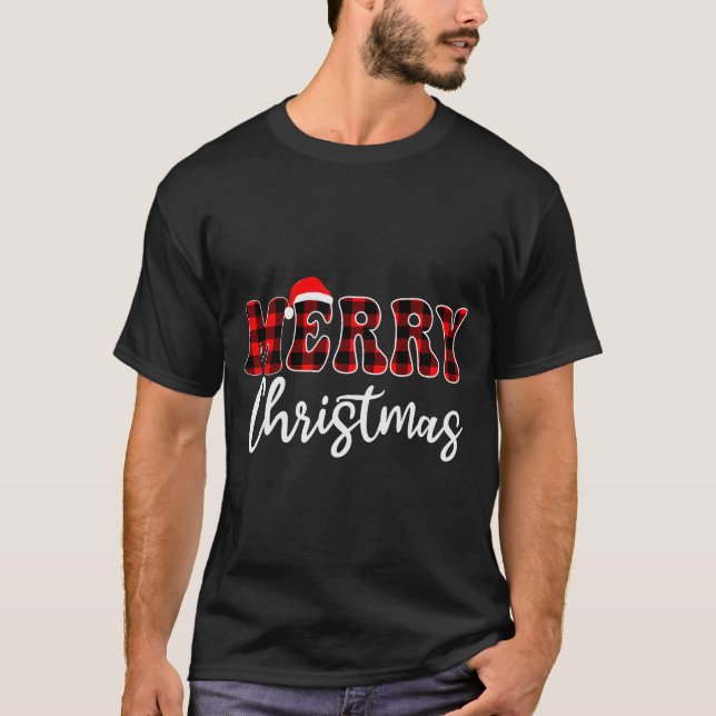 Merry Christmas With Black And Red Plaid Family Me T-Shirt (Front)