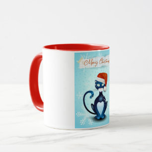 Merry Christmas with Black Cat with Santa's Hat Mug