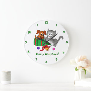 Merry Christmas with Cat and Dog Large Clock