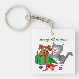 Merry Christmas with Cat and Puppy Keychain