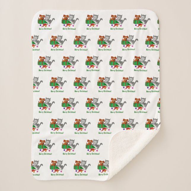 Merry Christmas with Cat and Puppy Sherpa Blanket (Front)