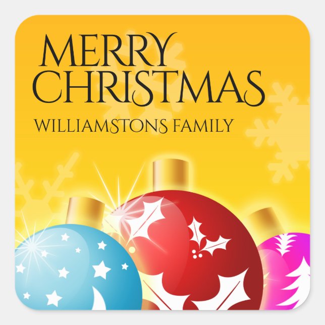 Merry Christmas with Festive Holiday Ornaments Square Sticker (Front)