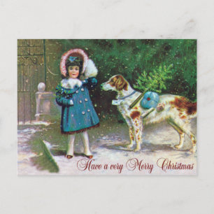 Merry Christmas with Girl and English Setter Holiday Postcard