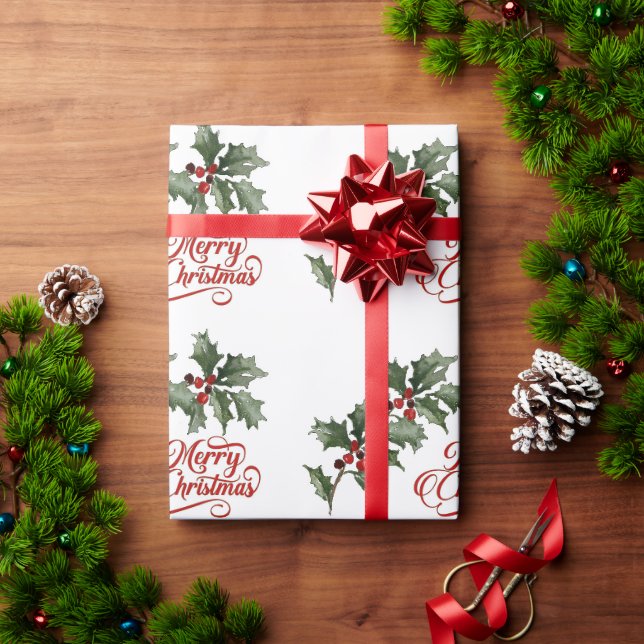 Merry Christmas with Green Branches Wrapping Paper (Holiday Gift)