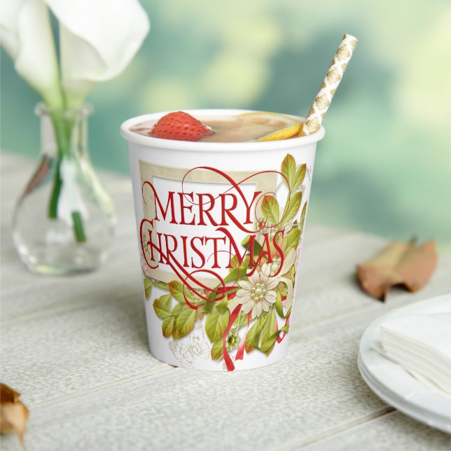 Merry Christmas with Green Florals  Paper Cups (Insitu)