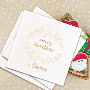 Merry Christmas with  Holly Berries Wreath Foil Napkins