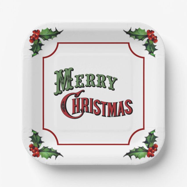 Merry Christmas with Holly Paper Plate (Front)