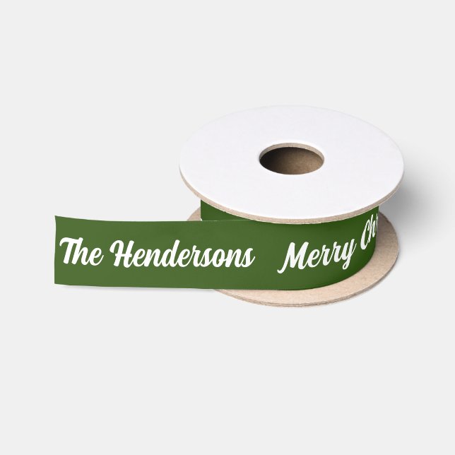 Merry Christmas with Name Dark Green and White Satin Ribbon (Spool)