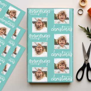 Merry Christmas with One Square Photo aqua Wrapping Paper Sheet