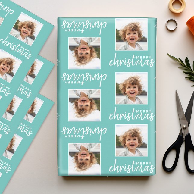 Merry Christmas with One Square Photo aqua Wrapping Paper Sheet (Personalized Photo Wrapping Paper Sheets)