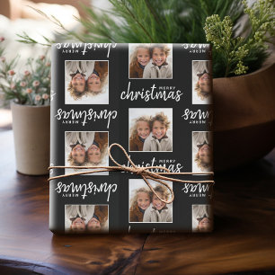 Merry Christmas with One Square Photo - black Wrapping Paper