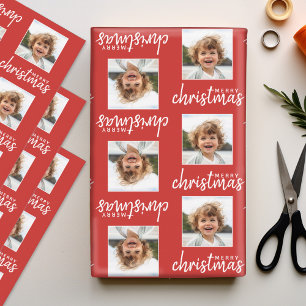 Merry Christmas with One Square Photo red Wrapping Paper Sheet