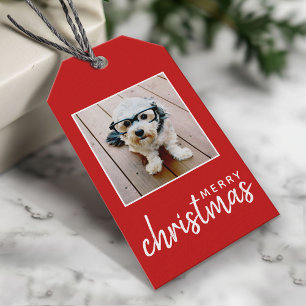 Merry Christmas with One Square Photos - red Gift Tags